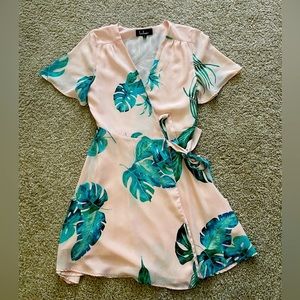 Lulu's Pink Wrap Mini Dress with Teal Tropical Leaf Print